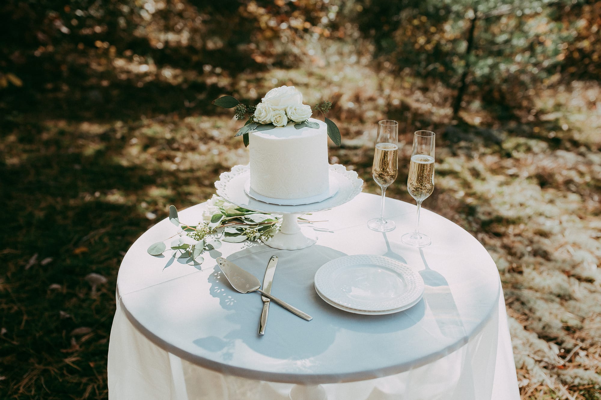 Outdoor wedding reception table in a sunlit forest at Alpine Garden